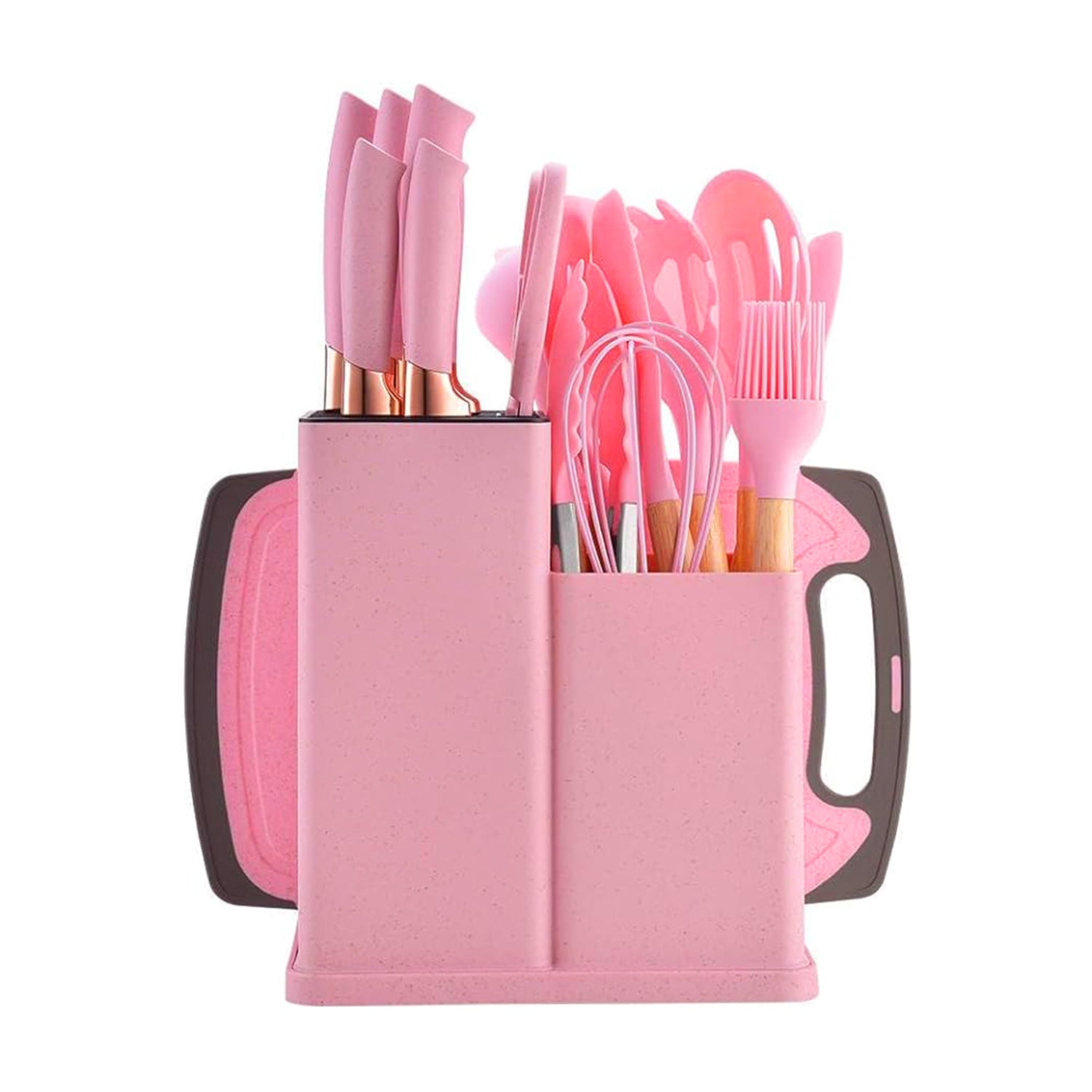 Cooking Utensils Set,19 PCS Silicone Kitchen Utensils Set with Holder and Kitchen Knife Set for Cooking, Non-stick Heat Resistant Kitchen Tools and Gadgets with Wooden Handle (Pink)