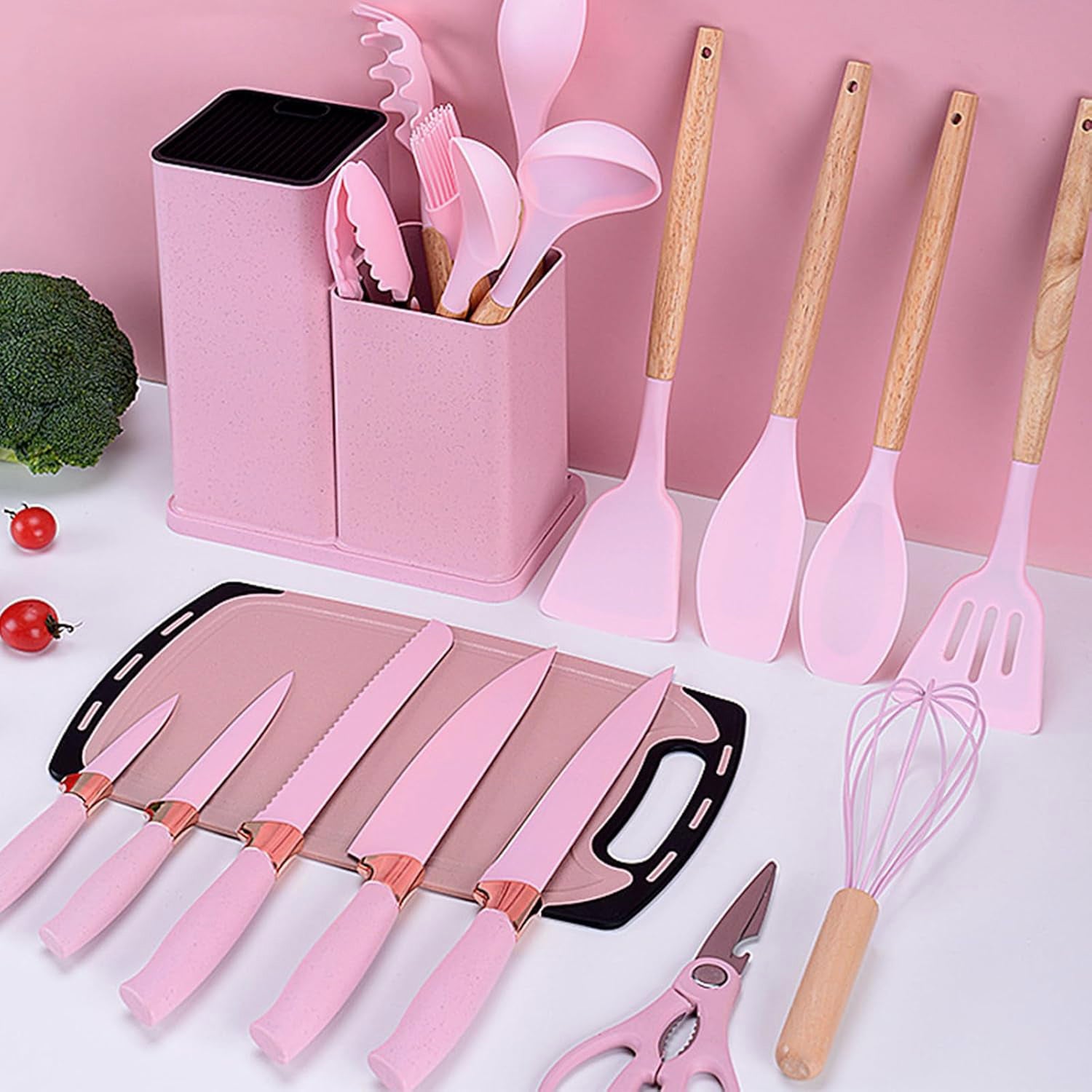 Cooking Utensils Set,19 PCS Silicone Kitchen Utensils Set with Holder and Kitchen Knife Set for Cooking, Non-stick Heat Resistant Kitchen Tools and Gadgets with Wooden Handle (Pink)