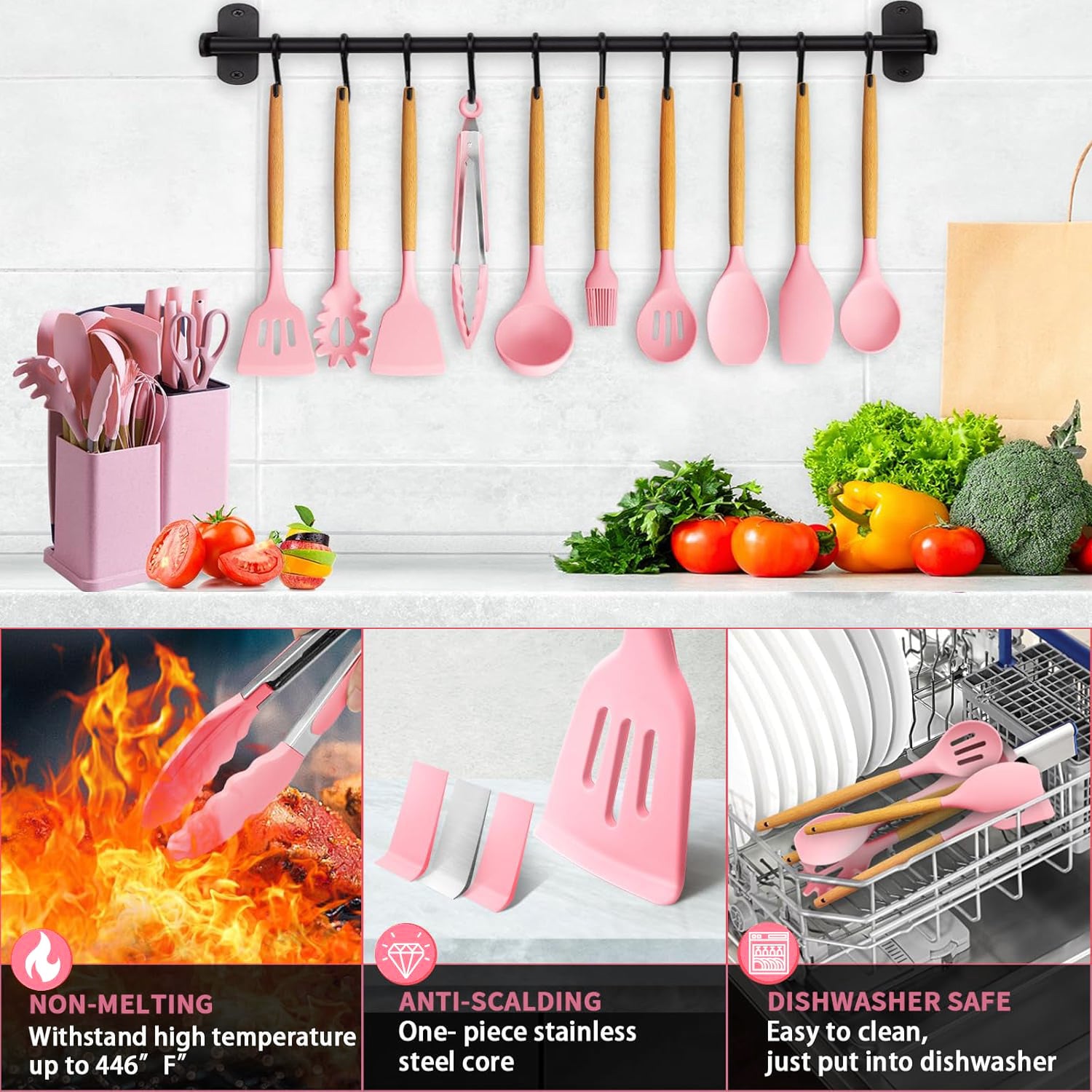 Cooking Utensils Set,19 PCS Silicone Kitchen Utensils Set with Holder and Kitchen Knife Set for Cooking, Non-stick Heat Resistant Kitchen Tools and Gadgets with Wooden Handle (Pink)