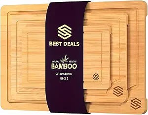 2025 Wood Cutting Boards for Kitchen, 3 Piece Large Bamboo Cutting Board Set, Deep Juice Grooves, Heavy Duty Non-Toxic Butcher Block Chopping Board for Meat, Veggies - Charcuterie Board, Ideal Gift