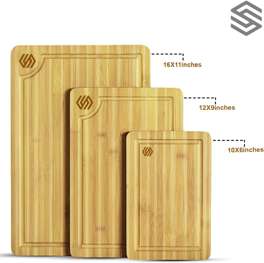 2025 Wood Cutting Boards for Kitchen, 3 Piece Large Bamboo Cutting Board Set, Deep Juice Grooves, Heavy Duty Non-Toxic Butcher Block Chopping Board for Meat, Veggies - Charcuterie Board, Ideal Gift