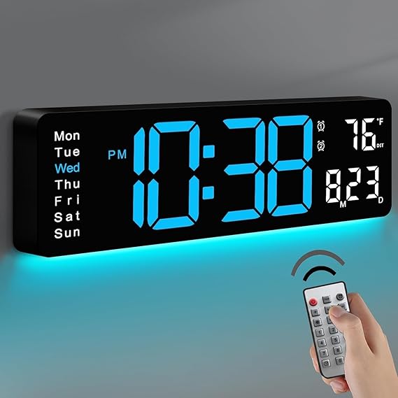 Digital Wall Clock, 16.5" Large Display Digital Clock with 10 RGB Color Changing, Remote Control Alarm Clock with Auto-DST, Date, Week Temperature LED Clock, Count Up/Down Timer Clock for Bedroom