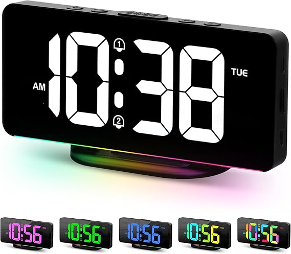 Digital Alarm Clock with Colorful Dynamic RGB Night Light,Volume/Color Adjustable,USB-C Charger Port,7" LED Large Display Nightstand Clock for Kids Teens Boys Girls Bedroom(Black)