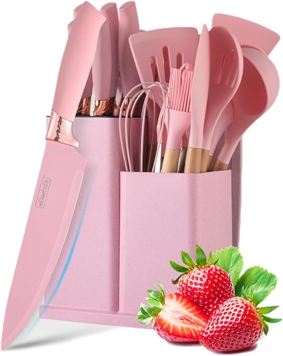 Cooking Utensils Set, Caliamary 19 PCS Silicone Kitchen Utensils Set with Holder and Kitchen Knife Set for Cooking, Non-stick Heat Resistan Kitchen Tools and Gadgets with Wooden Handle (Pink-19)