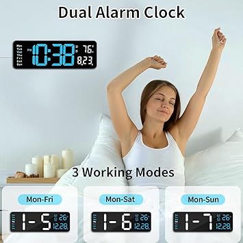 Large LED Digital Wall Clock 16.5 Inch with Auto Brightness, RGB Backlight, Dual Alarm, Temperature & Humidity Display – Remote Controlled Plug-In Clock for Living Room, Kitchen, Gym or Office Décor