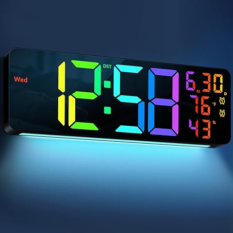 Large LED Digital Wall Clock 16.5 Inch with Auto Brightness, RGB Backlight, Dual Alarm, Temperature & Humidity Display – Remote Controlled Plug-In Clock for Living Room, Kitchen, Gym or Office Décor