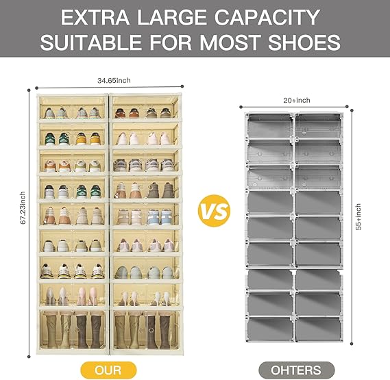 9 Tiers Foldable Shoe Rack Organizer for Closet with Wheels, 36Pairs Plastic Collapsible Shoe Shelf for Front Door Entrance Stackable Clear Folding Shoes Storage Boxes Tall Shoe Cabinet