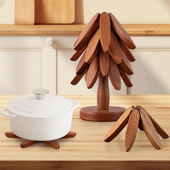 Wooden Trivets for Hot Dishes， Tree Shape Trivet Set，Hot Dish Coaster with Tree-Shaped Wood Collapsible Hot Pad Trivet Tree for Restaurant，4 Wooden Trivet + 1 Stand（Walnut Wood）