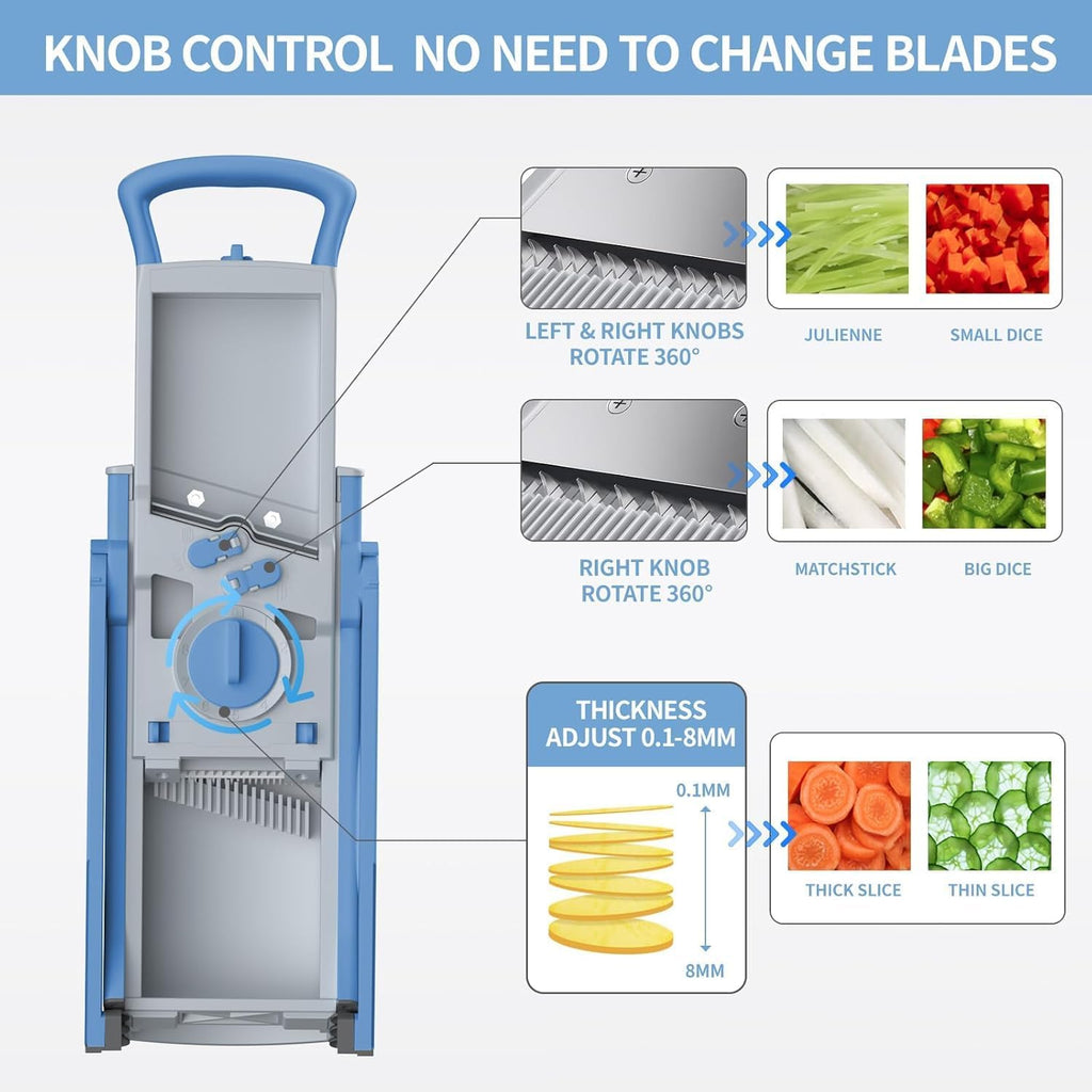 Upgrade Safe Mandoline Slicer for Kitchen, 5 in 1 Vegetable Chopper, Mandolin Potato Slicer with Thickness Adjuster, French Fry Cutter, Veggie Dicer Faster Kitchen Slicer for Meal Prep Blue