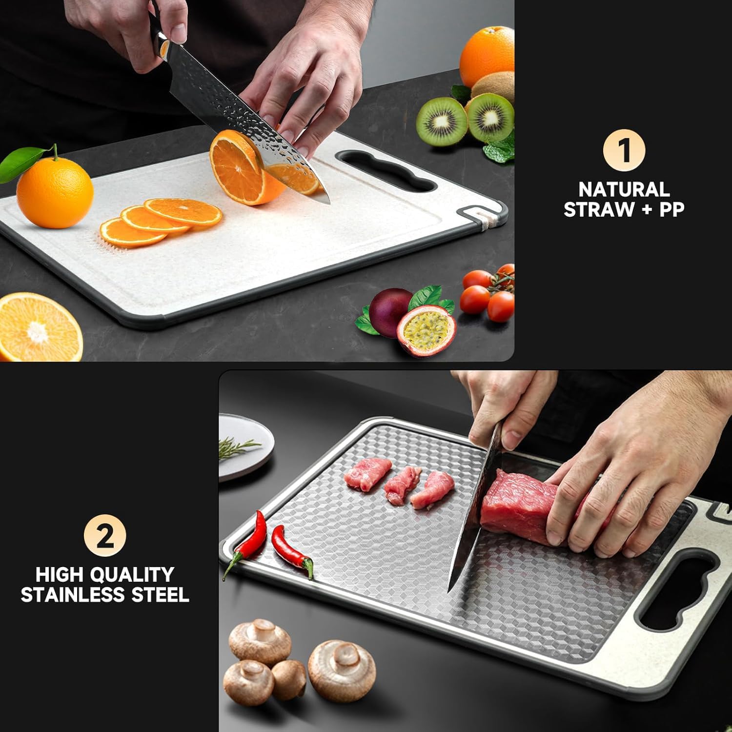 Stainless Steel Cutting Board for Kitchen, Double Sided Chopping Board, Mesh Design, Scratch-Resistant, Juice Groove, Non-Slip Silicone Wrap, Dishwasher Safe, Large, Non-Toxic, Easy to Clean