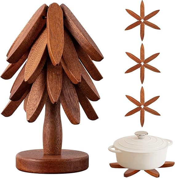 Wooden Trivets for Hot Dishes， Tree Shape Trivet Set，Hot Dish Coaster with Tree-Shaped Wood Collapsible Hot Pad Trivet Tree for Restaurant，4 Wooden Trivet + 1 Stand（Walnut Wood）