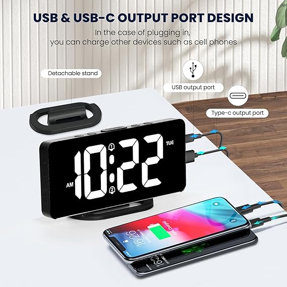 Digital Alarm Clock with Colorful Dynamic RGB Night Light,Volume/Color Adjustable,USB-C Charger Port,7" LED Large Display Nightstand Clock for Kids Teens Boys Girls Bedroom(Black)