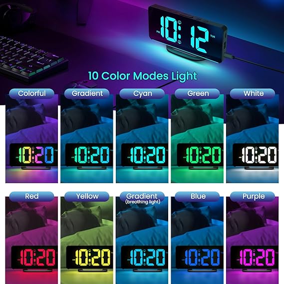 Digital Alarm Clock with Colorful Dynamic RGB Night Light,Volume/Color Adjustable,USB-C Charger Port,7" LED Large Display Nightstand Clock for Kids Teens Boys Girls Bedroom(Black)