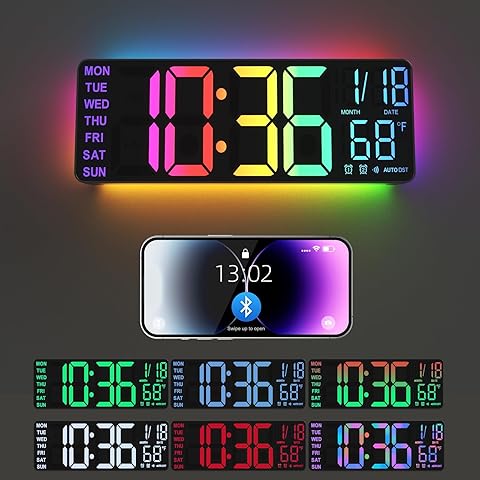 Large LED Digital Wall Clock 16.5 Inch with Auto Brightness, RGB Backlight, Dual Alarm, Temperature & Humidity Display – Remote Controlled Plug-In Clock for Living Room, Kitchen, Gym or Office Décor