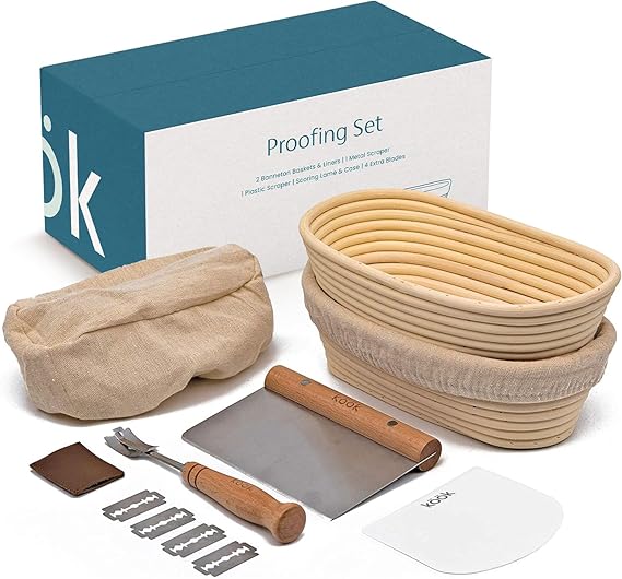 Proofing Set, by Kook, Sourdough Bread Baking Supplies, 2 Rattan Banneton Baskets, 2 Basket Covers, Metal Scraper, Plastic Scraper, Scoring Lame, 5 Blades and Case, Oval Shape