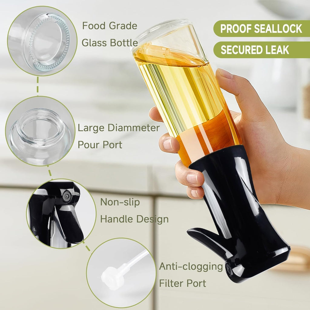 Oil Sprayer for Cooking, Oil Spray Bottle with Brush, Glass Oil Sprayer, 200ML Oil Dispenser for Kitchen, Continuous Oil Spray Bottle with Portion Control for Air Fryer, Salad, BBQ, White (White)