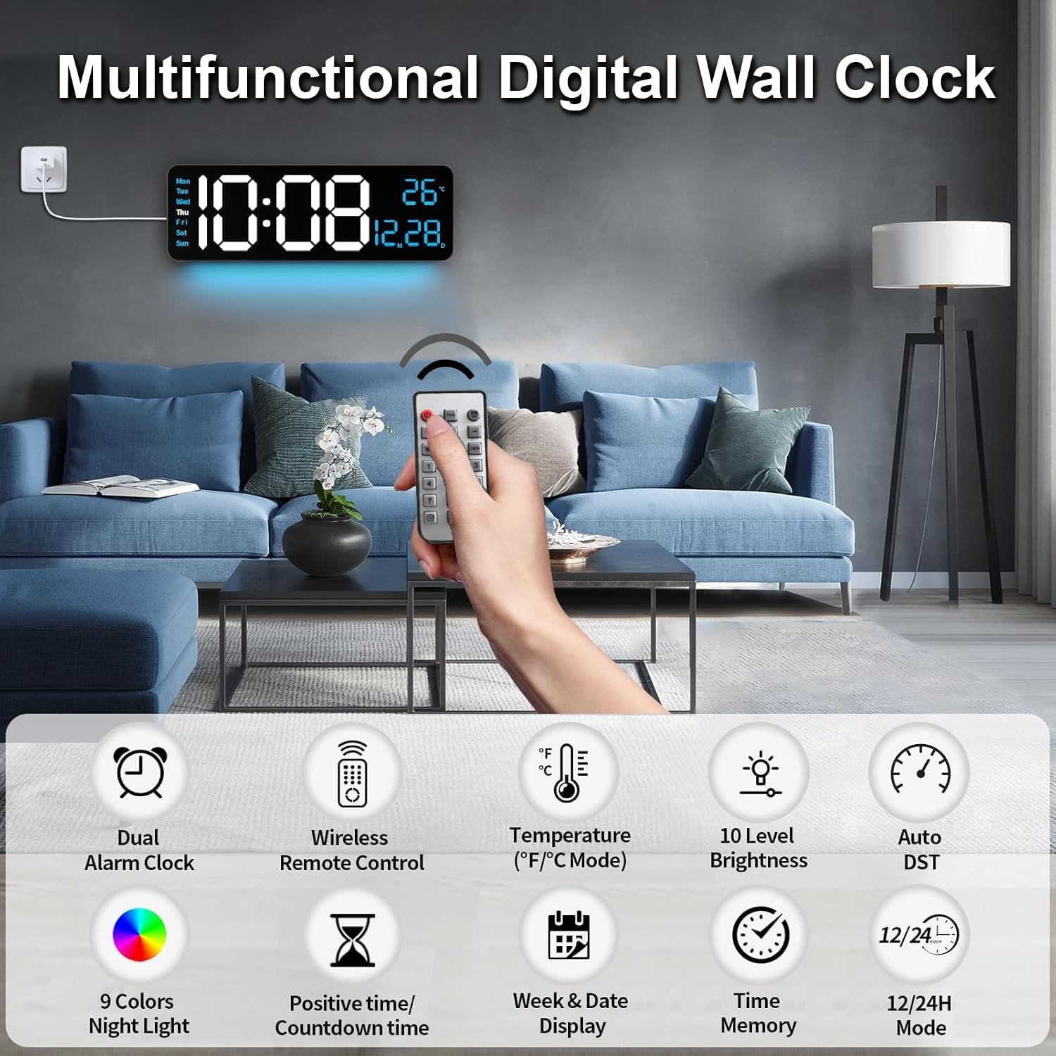 Digital Wall Clock, 16.5" Large Display Digital Clock with 10 RGB Color Changing, Remote Control Alarm Clock with Auto-DST, Date, Week Temperature LED Clock, Count Up/Down Timer Clock for Bedroom