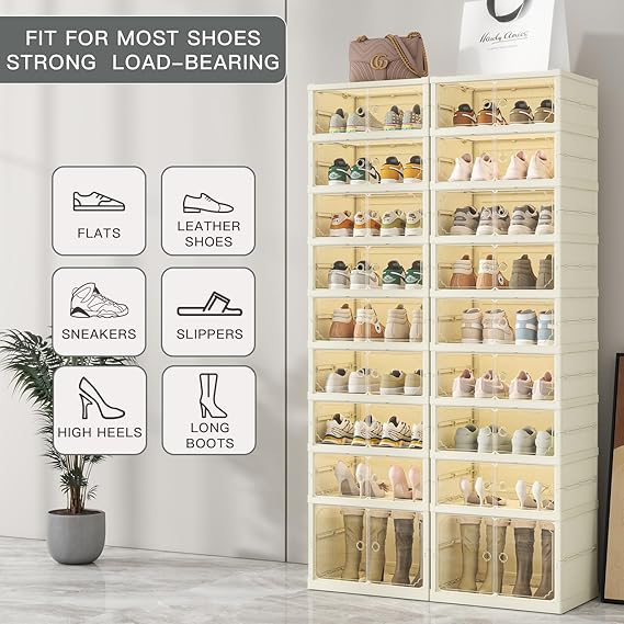 9 Tiers Foldable Shoe Rack Organizer for Closet with Wheels, 36Pairs Plastic Collapsible Shoe Shelf for Front Door Entrance Stackable Clear Folding Shoes Storage Boxes Tall Shoe Cabinet