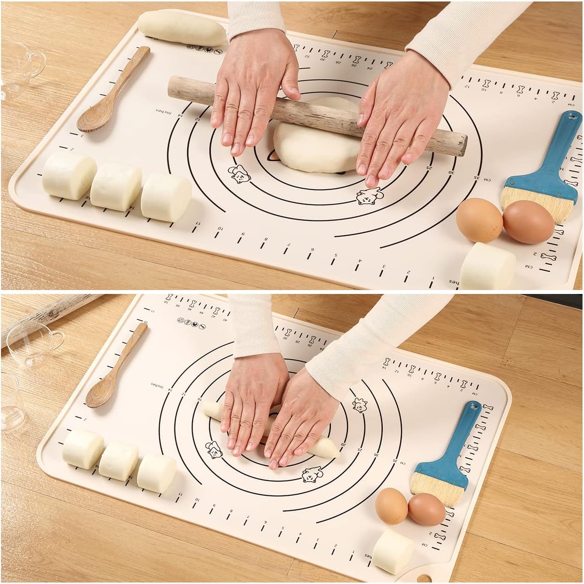 Silicone Pastry Mat 32"*24" Extra Thick Non Stick Baking Mat Food Grade Silicone Dough Rolling Mat with Edge Heightening Large Cartoon Beige