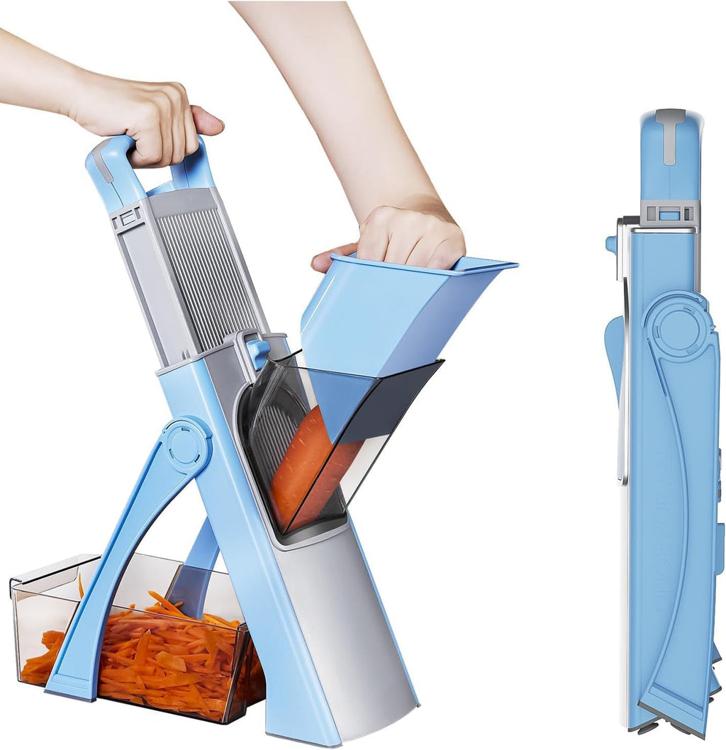 Upgrade Safe Mandoline Slicer for Kitchen, 5 in 1 Vegetable Chopper, Mandolin Potato Slicer with Thickness Adjuster, French Fry Cutter, Veggie Dicer Faster Kitchen Slicer for Meal Prep Blue