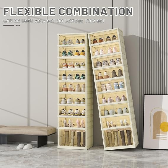 9 Tiers Foldable Shoe Rack Organizer for Closet with Wheels, 36Pairs Plastic Collapsible Shoe Shelf for Front Door Entrance Stackable Clear Folding Shoes Storage Boxes Tall Shoe Cabinet