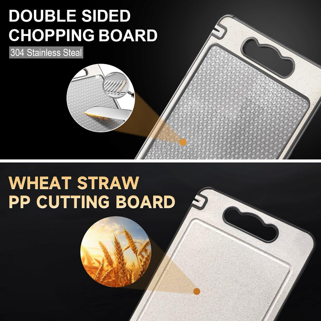 Stainless Steel Cutting Board for Kitchen, Double Sided Chopping Board, Mesh Design, Scratch-Resistant, Juice Groove, Non-Slip Silicone Wrap, Dishwasher Safe, Large, Non-Toxic, Easy to Clean
