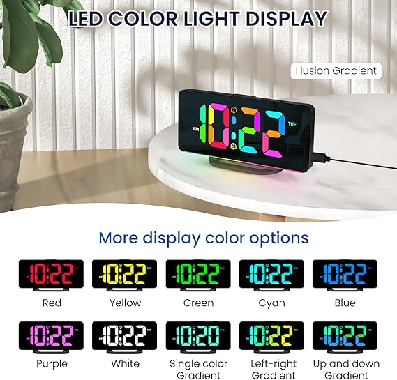 Digital Alarm Clock with Colorful Dynamic RGB Night Light,Volume/Color Adjustable,USB-C Charger Port,7" LED Large Display Nightstand Clock for Kids Teens Boys Girls Bedroom(Black)