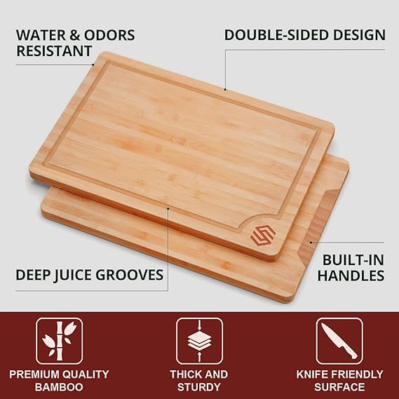 2025 Wood Cutting Boards for Kitchen, 3 Piece Large Bamboo Cutting Board Set, Deep Juice Grooves, Heavy Duty Non-Toxic Butcher Block Chopping Board for Meat, Veggies - Charcuterie Board, Ideal Gift