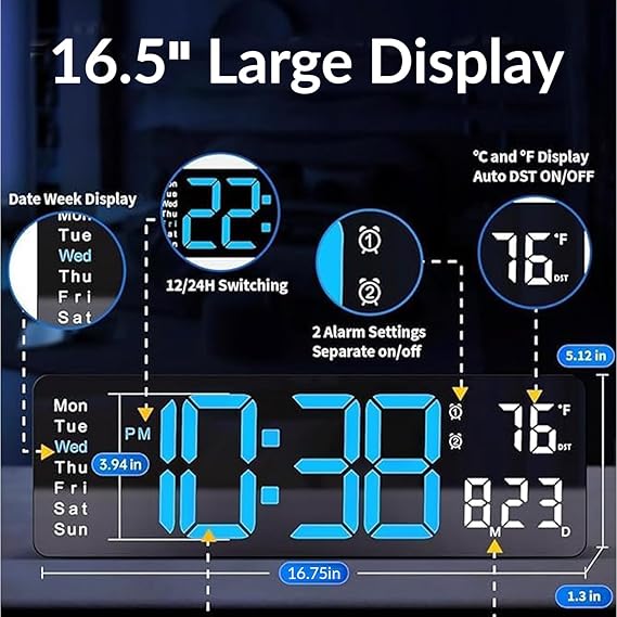 Digital Wall Clock, 16.5" Large Display Digital Clock with 10 RGB Color Changing, Remote Control Alarm Clock with Auto-DST, Date, Week Temperature LED Clock, Count Up/Down Timer Clock for Bedroom