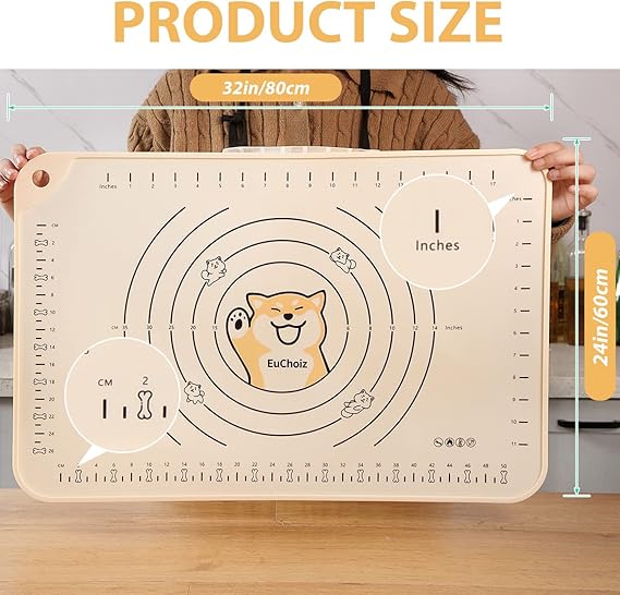 Silicone Pastry Mat 32"*24" Extra Thick Non Stick Baking Mat Food Grade Silicone Dough Rolling Mat with Edge Heightening Large Cartoon Beige