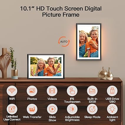 BIGASUO 10.1" WiFi Digital Picture Frame with LED Light, 1280 * 800 HD Touch Screen Smart Photo Frame, 32GB Memory, Support USB/SD Card, Auto-Rotate, Share Photos/Videos Remotely via Uhale APP