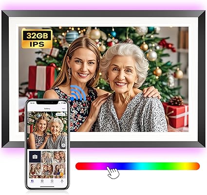 BIGASUO 10.1" WiFi Digital Picture Frame with LED Light, 1280 * 800 HD Touch Screen Smart Photo Frame, 32GB Memory, Support USB/SD Card, Auto-Rotate, Share Photos/Videos Remotely via Uhale APP