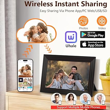 10.1 Inch WiFi Digital Picture Frame with LED Light, 1280 * 800 HD Touch Screen Smart Digital Photo Frame, 32GB Memory, Support USB/SD Card, Auto-Rotate, Share Photos/Videos Instantly via Uhale App