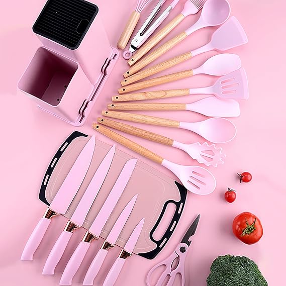 Cooking Utensils Set, Caliamary 19 PCS Silicone Kitchen Utensils Set with Holder and Kitchen Knife Set for Cooking, Non-stick Heat Resistan Kitchen Tools and Gadgets with Wooden Handle (Pink-19)