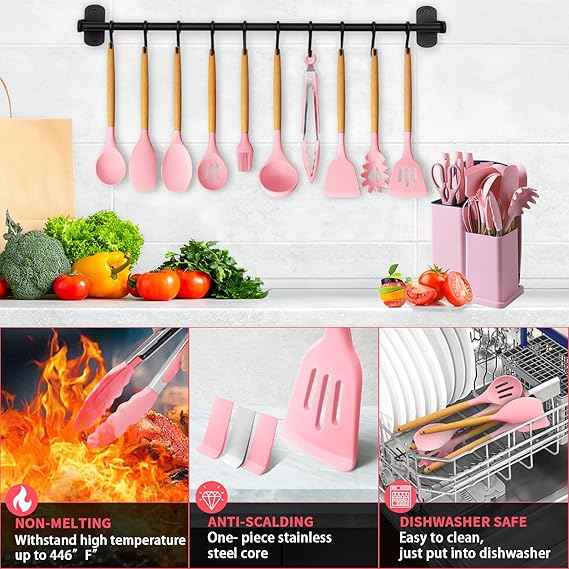 Cooking Utensils Set, Caliamary 19 PCS Silicone Kitchen Utensils Set with Holder and Kitchen Knife Set for Cooking, Non-stick Heat Resistan Kitchen Tools and Gadgets with Wooden Handle (Pink-19)