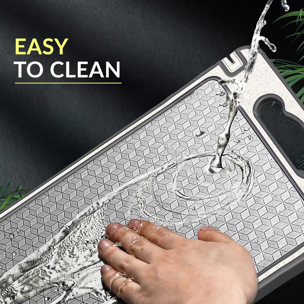 Stainless Steel Cutting Board for Kitchen, Double Sided Chopping Board, Mesh Design, Scratch-Resistant, Juice Groove, Non-Slip Silicone Wrap, Dishwasher Safe, Large, Non-Toxic, Easy to Clean
