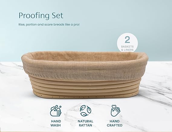 Proofing Set, by Kook, Sourdough Bread Baking Supplies, 2 Rattan Banneton Baskets, 2 Basket Covers, Metal Scraper, Plastic Scraper, Scoring Lame, 5 Blades and Case, Oval Shape