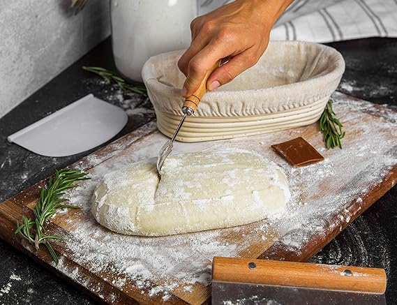 Proofing Set, by Kook, Sourdough Bread Baking Supplies, 2 Rattan Banneton Baskets, 2 Basket Covers, Metal Scraper, Plastic Scraper, Scoring Lame, 5 Blades and Case, Oval Shape