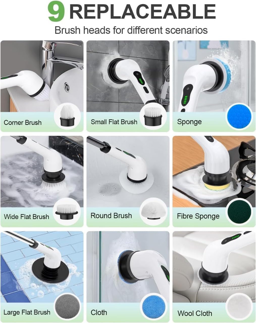 Electric Spin Scrubber, 2024 New Shower Scrubber, Cordless Shower Cleaning Brush with 9 Replaceable Brush Heads, Dual Speed Power Scrubber - Detachable Handle Bathroom Scrubber for Tile and Floor