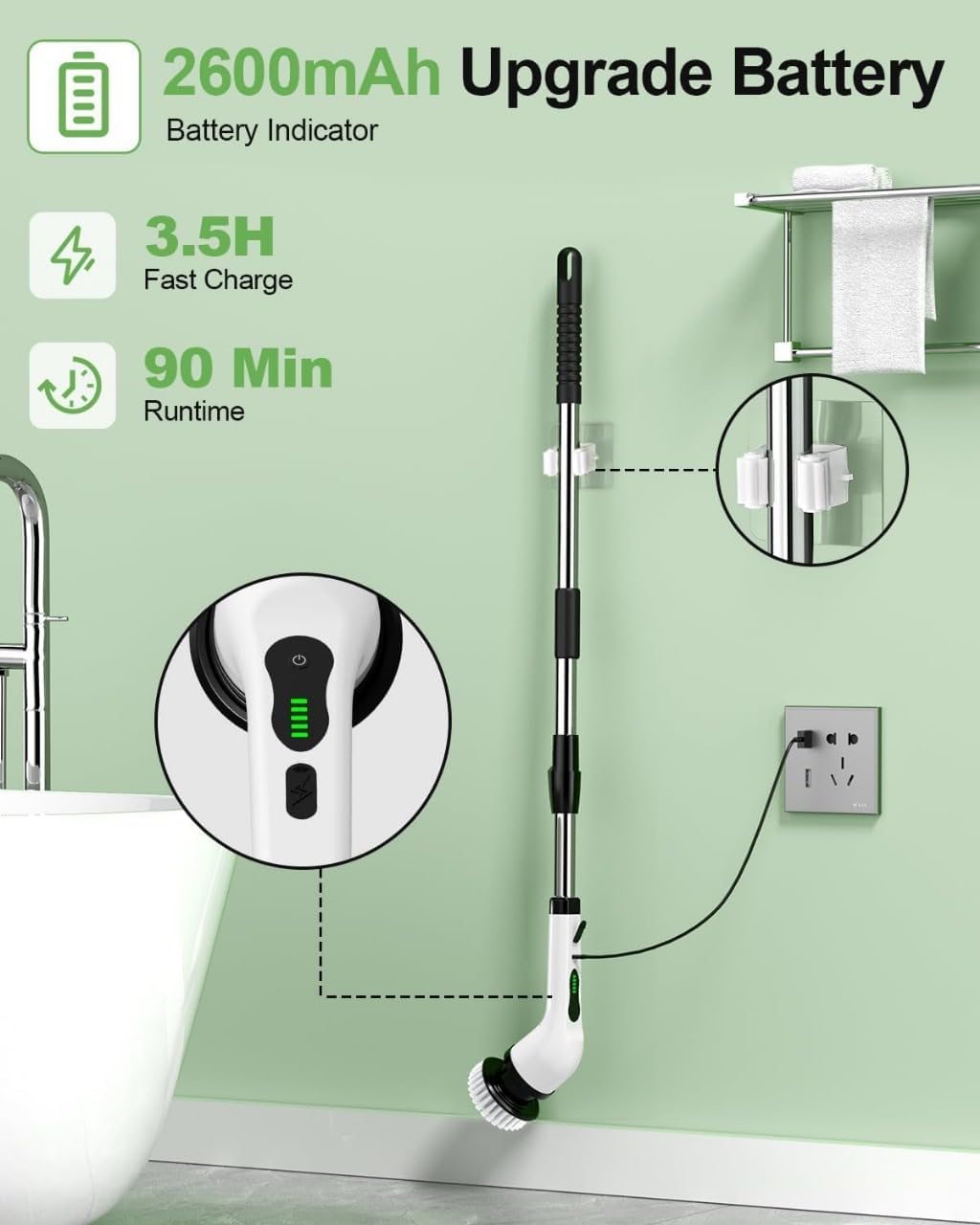 Electric Spin Scrubber, 2024 New Shower Scrubber, Cordless Shower Cleaning Brush with 9 Replaceable Brush Heads, Dual Speed Power Scrubber - Detachable Handle Bathroom Scrubber for Tile and Floor